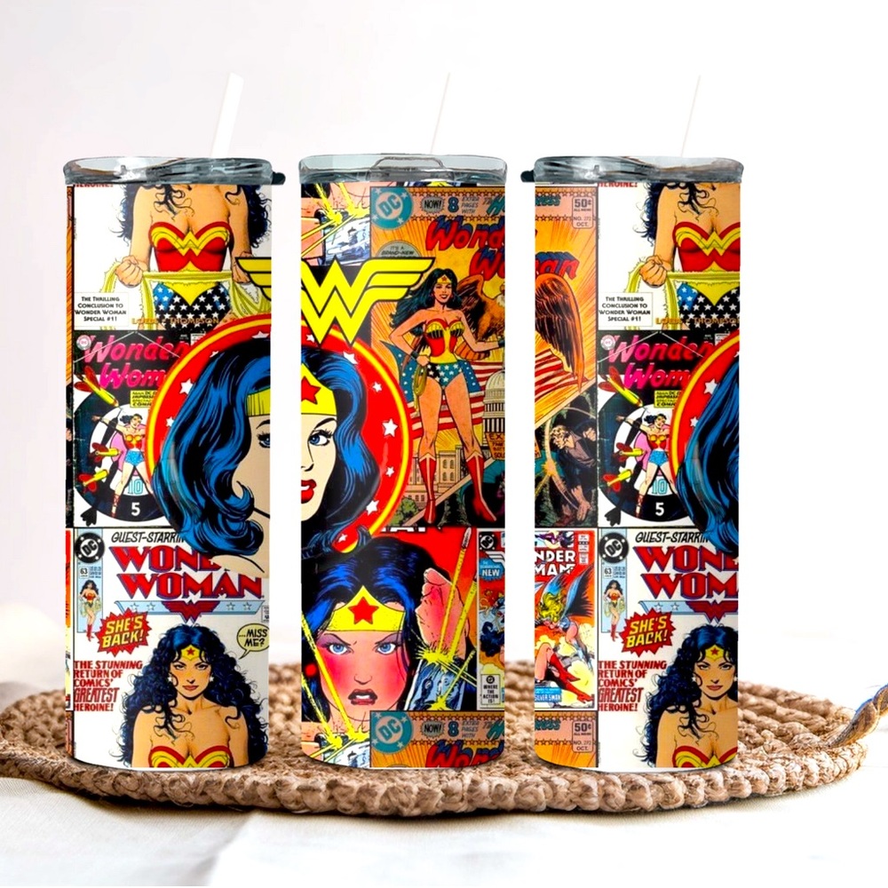 Wonder Woman inspired stainless steel tumbler with lid and straw.